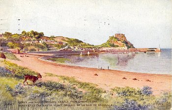 Jersey. Gorey and Mont Orgueil Castle from Grouville Bay.